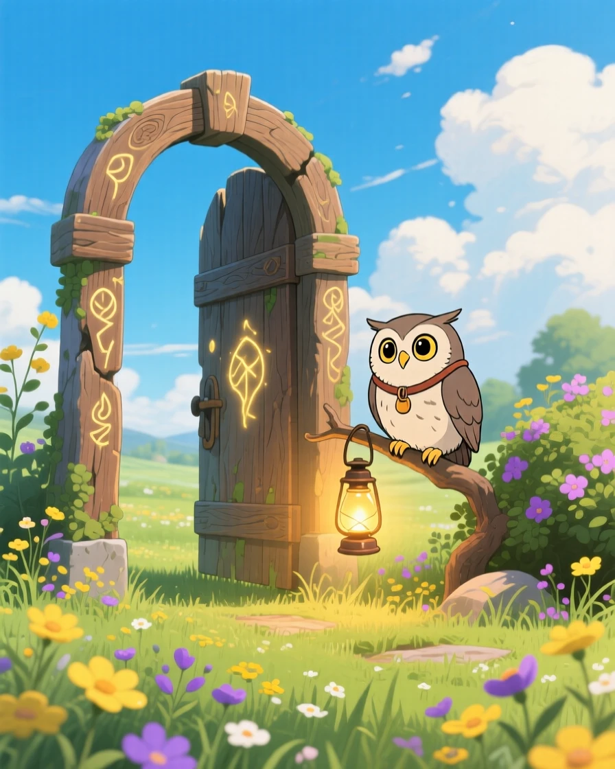 A portal shaped like an old wooden gate standing alone in a meadow, where an owl wearing a tiny lantern around its neck can be seen nearby, the atmosphere whimsical and joyful.