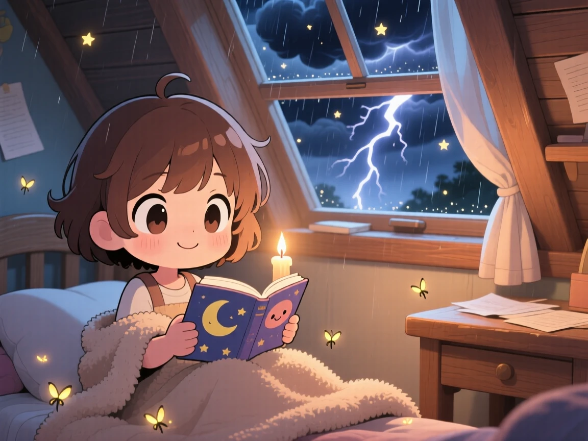Close-up portrait: a young girl, reading by candlelight during a thunderstorm, set against a snug attic bedroom during a light summer breeze, with sparkling starlight and a mood of playful mischief.