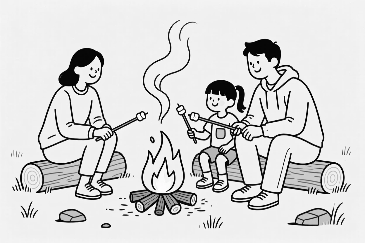 A family gathered around a campfire roasting marshmallows