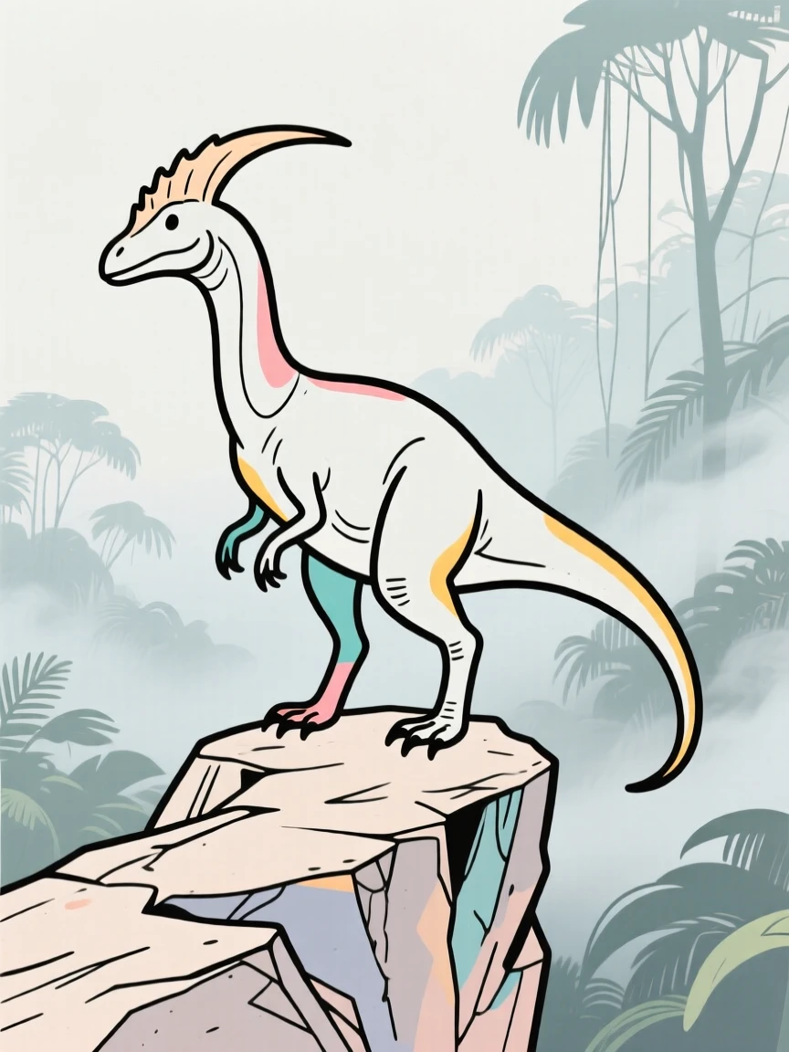 A Dilophosaurus standing on a rocky outcrop overlooking a misty jungle.
