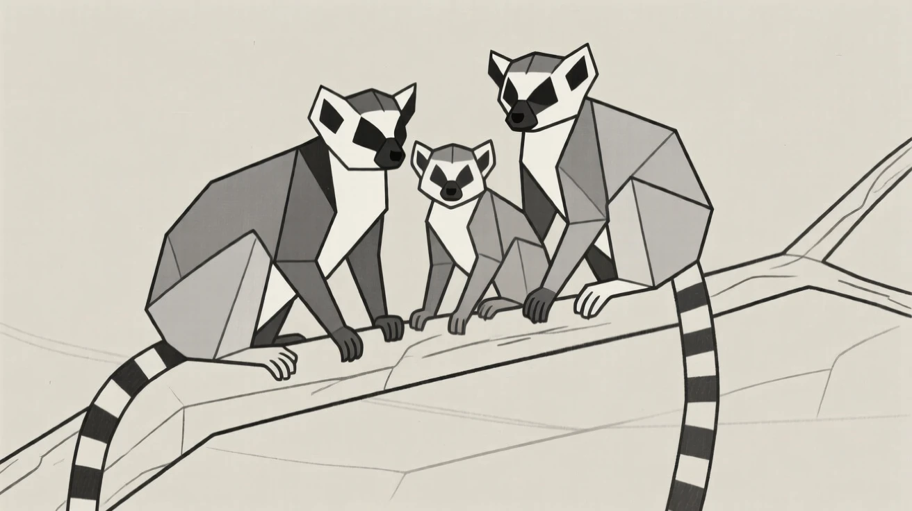 A lemur family perched together on a tree branch