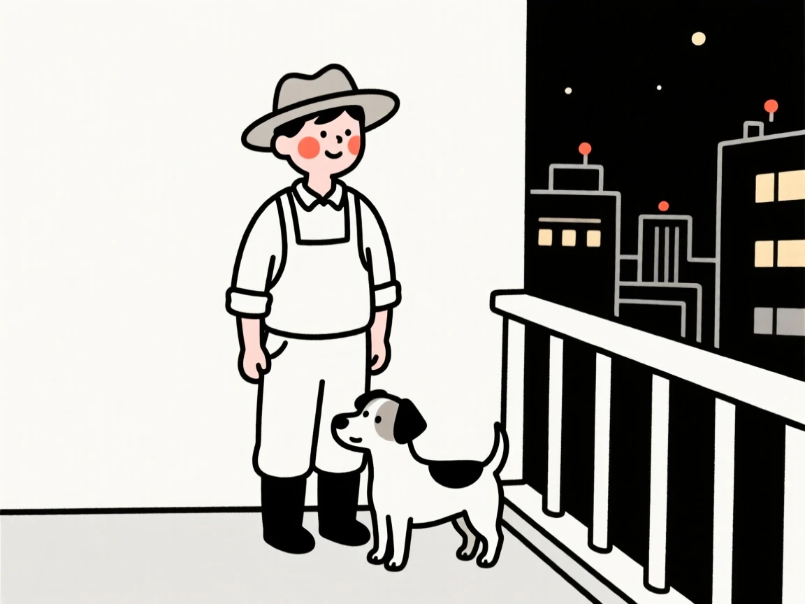 A farmer with a small terrier, gazing thoughtfully into the distance, on a city balcony at night.