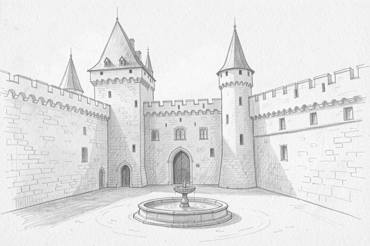 Sweeping architectural view of a grand medieval castle, in the soft light of early morning, with a quiet fountain at its center.