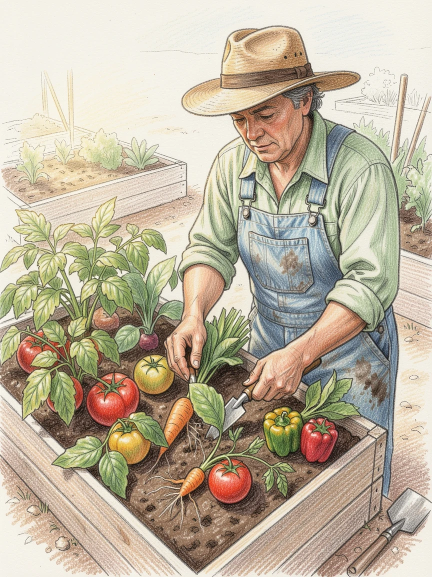 A gardener tending to a raised bed bursting with vegetables, with warm natural light filling the scene, capturing the beauty of everyday dedication and skill.