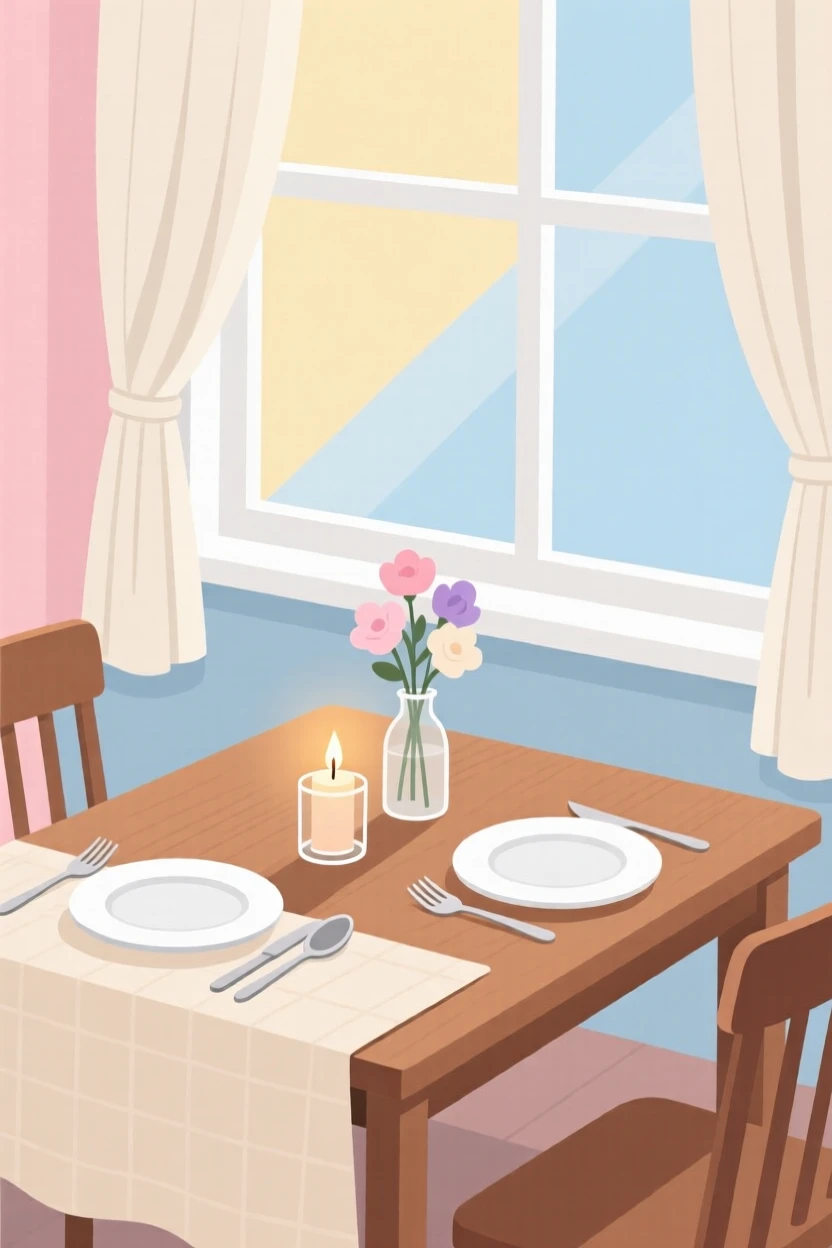 A candle-lit dinner table set for a cozy evening in, placed near a large window with morning light streaming in, composed with a relaxed, candid feel, with gentle pastel tones evoking calm and comfort.