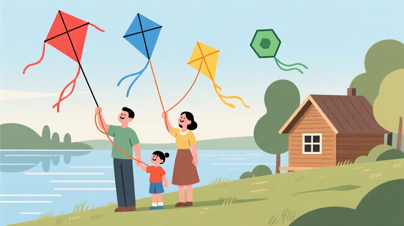 A family flying kites together at a lakeside cabin.