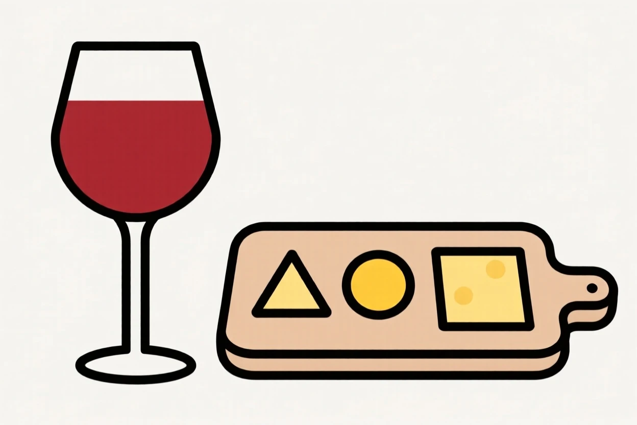 A glass of red wine beside a cheese board
