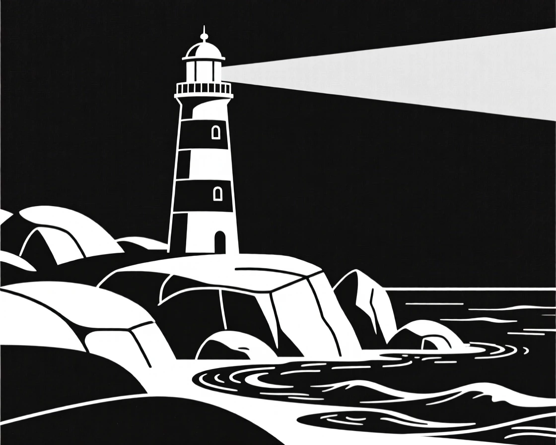A lighthouse standing on a rocky shoreline.
