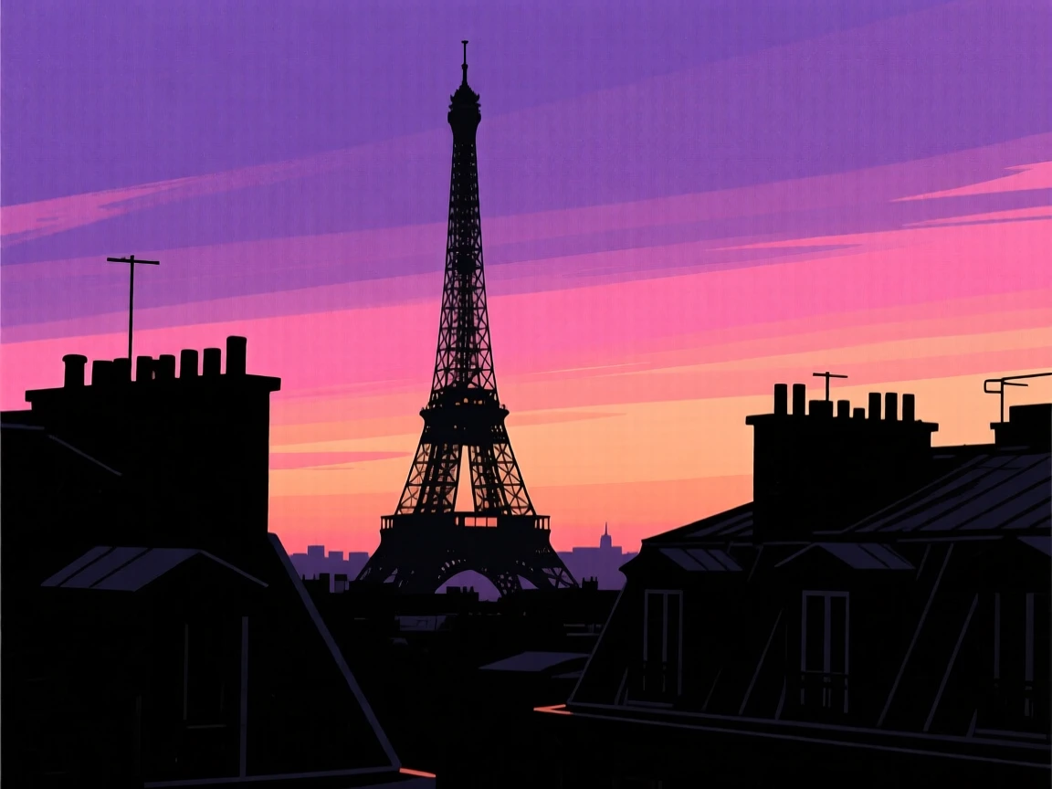 The Eiffel Tower rising above the rooftops of Paris at dusk.