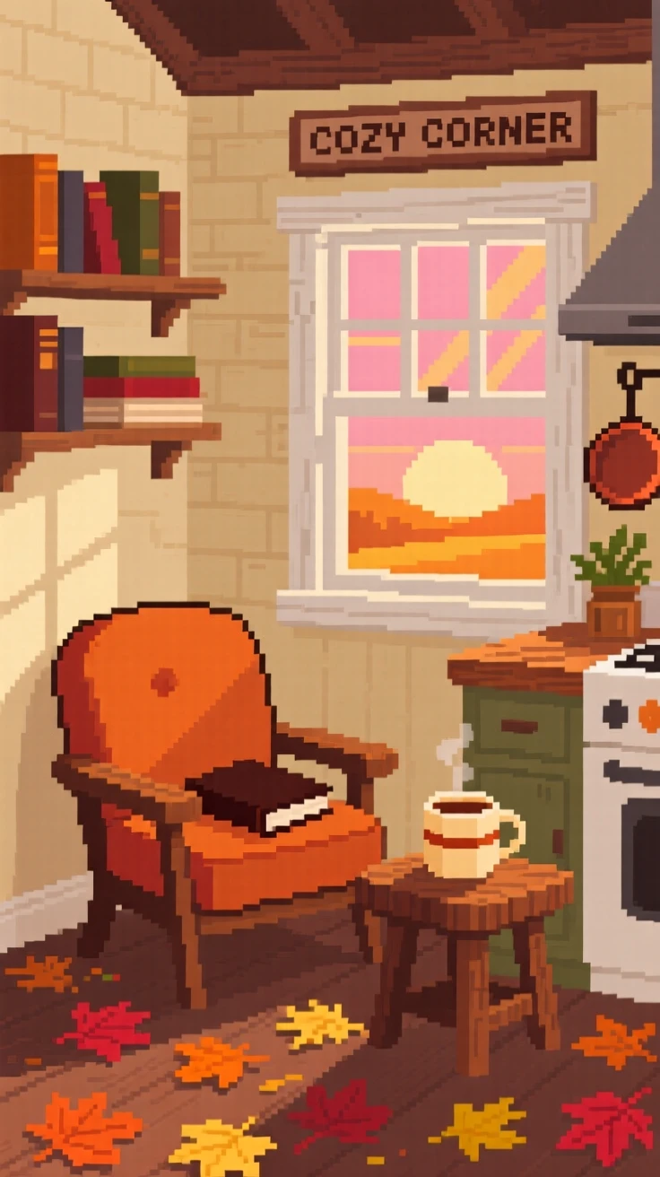 A small reading nook scattered with autumn leaves blown in from outside, in a farmhouse kitchen at sunrise.