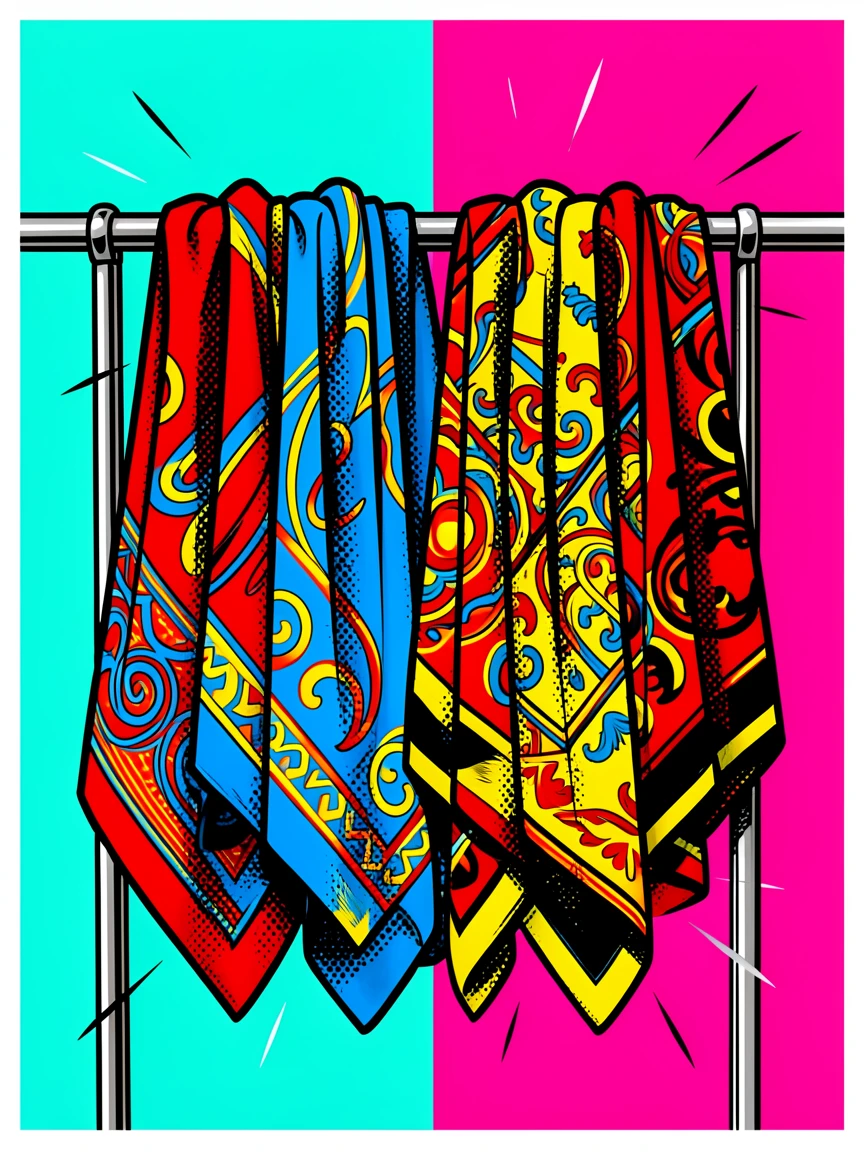 Elaborate silk scarves draped elegantly over a rack
