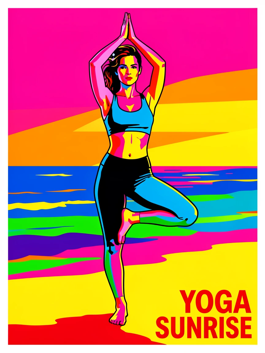 Woman practicing yoga on a beach at sunrise