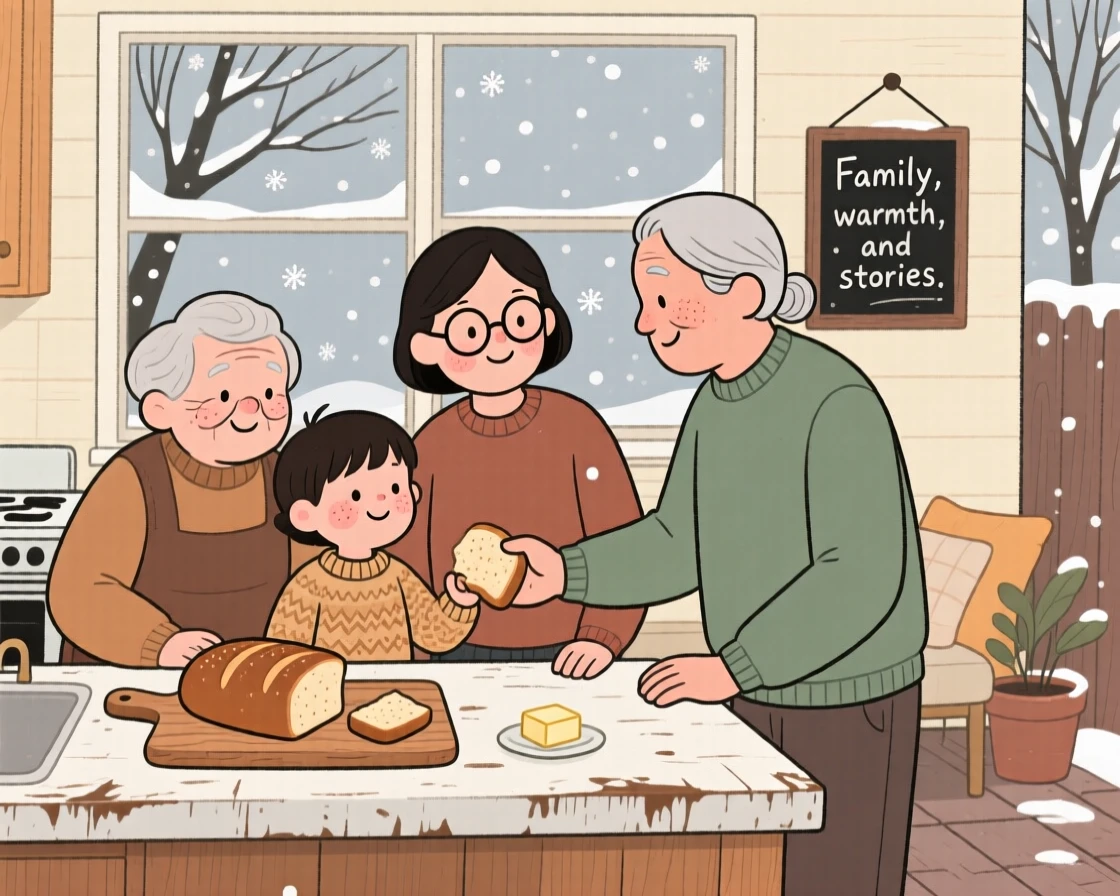 Three generations of a family gather around a worn kitchen counter in the backyard patio, sharing freshly baked bread and stories as snow falls softly beyond the window.