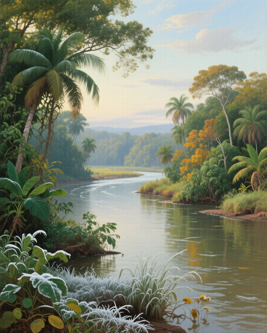An expansive vista of a tropical jungle river winding beneath a dense green canopy, in the Argentine pampas, in mid-autumn, beneath fresh fallen frost.