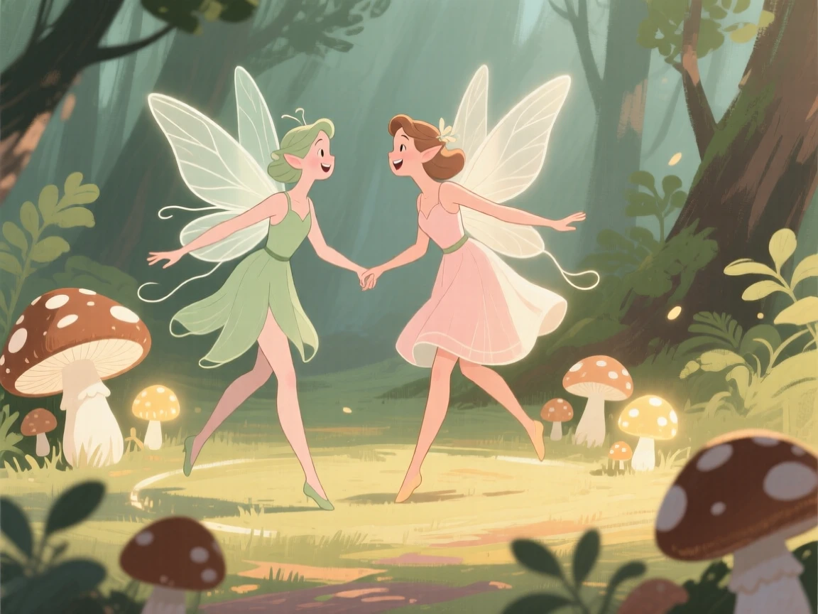 A pair of woodland fairies dancing in a ring of glowing mushrooms