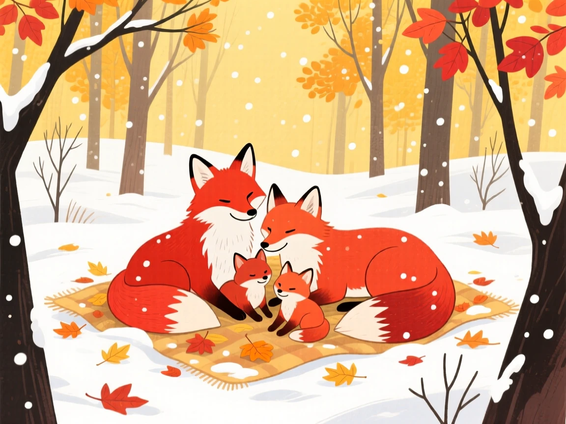 A family of red foxes resting peacefully in a golden autumn woodland in the first snow of winter.