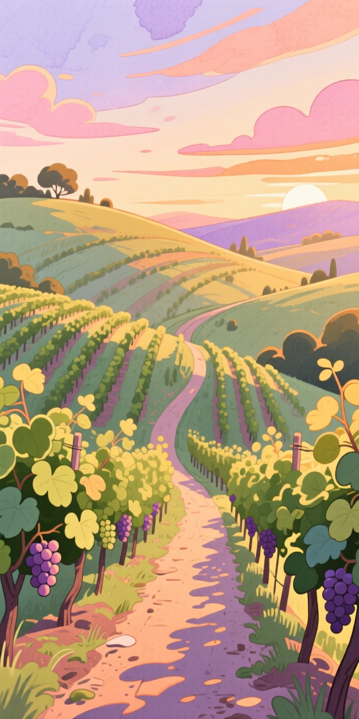 A hillside vineyard bathed in warm evening light, with a winding dirt path disappearing into the distance, filled with quiet majesty and stillness.