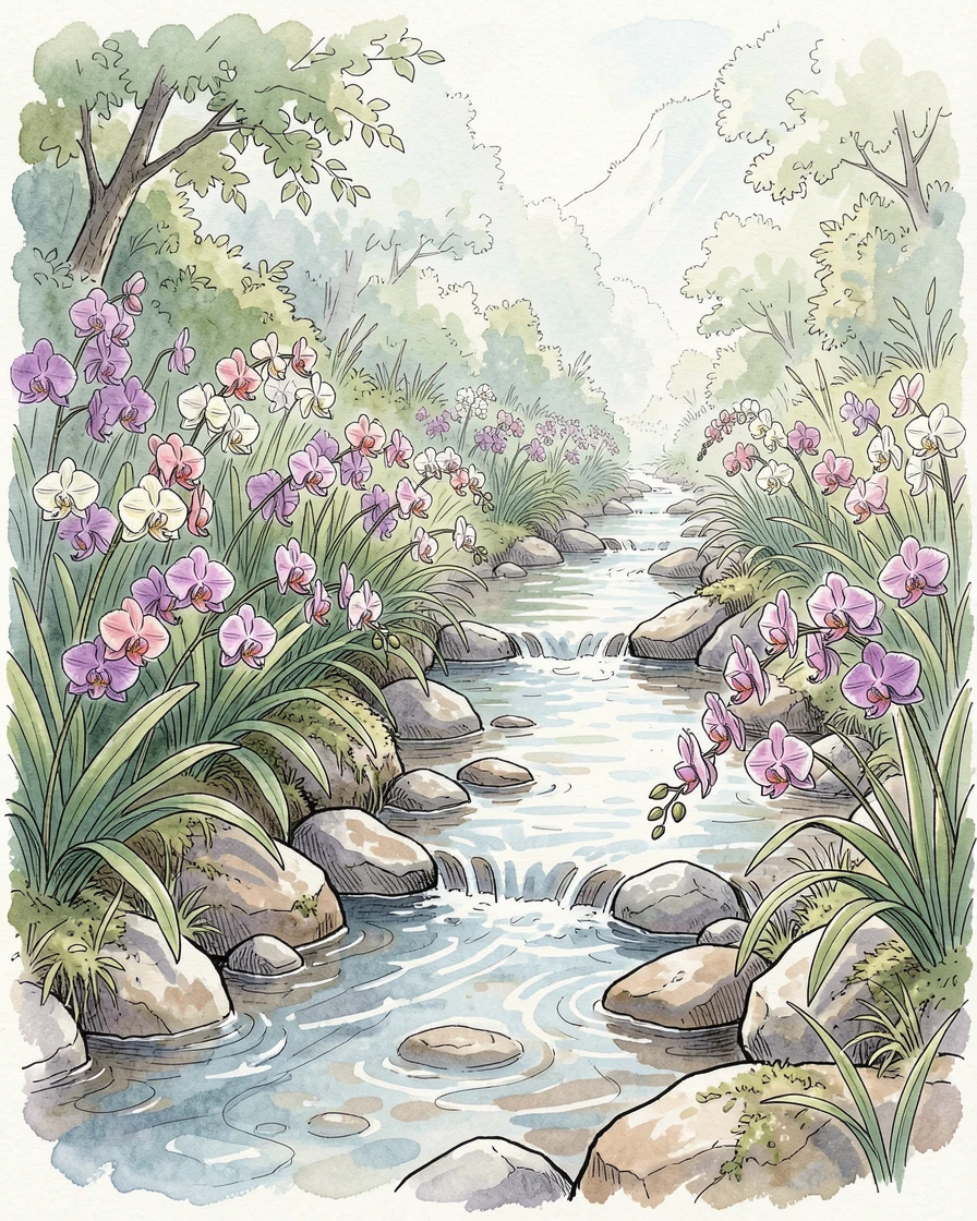 A hidden valley filled with wild orchids beside a trickling stream, the air still and cool with the promise of a new day.