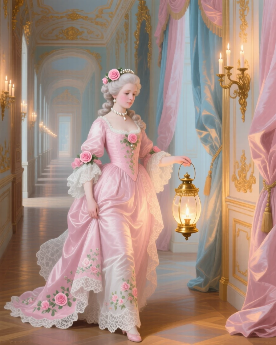 A princess carrying a lantern through a candlelit corridor  