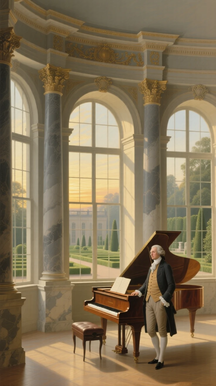 A palace garden pavilion overlooking manicured terraces catching the first light of morning through tall windows, set within a private estate untouched by passing time, with a single grand piano standing beneath a shaft of window light; a lone figure or object provides scale against the soaring architecture, radiating history, refinement, and permanence.