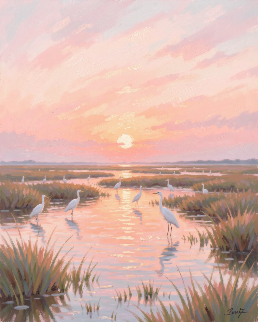 A coastal salt marsh glowing pink and orange at sunset, egrets wading through shallow pools.