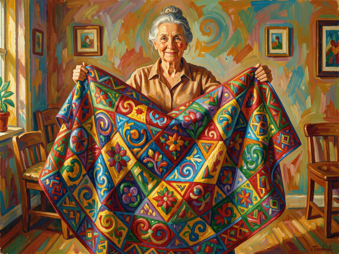 A proud grandmother displaying a quilt she spent months stitching, colors bright and intricate.
