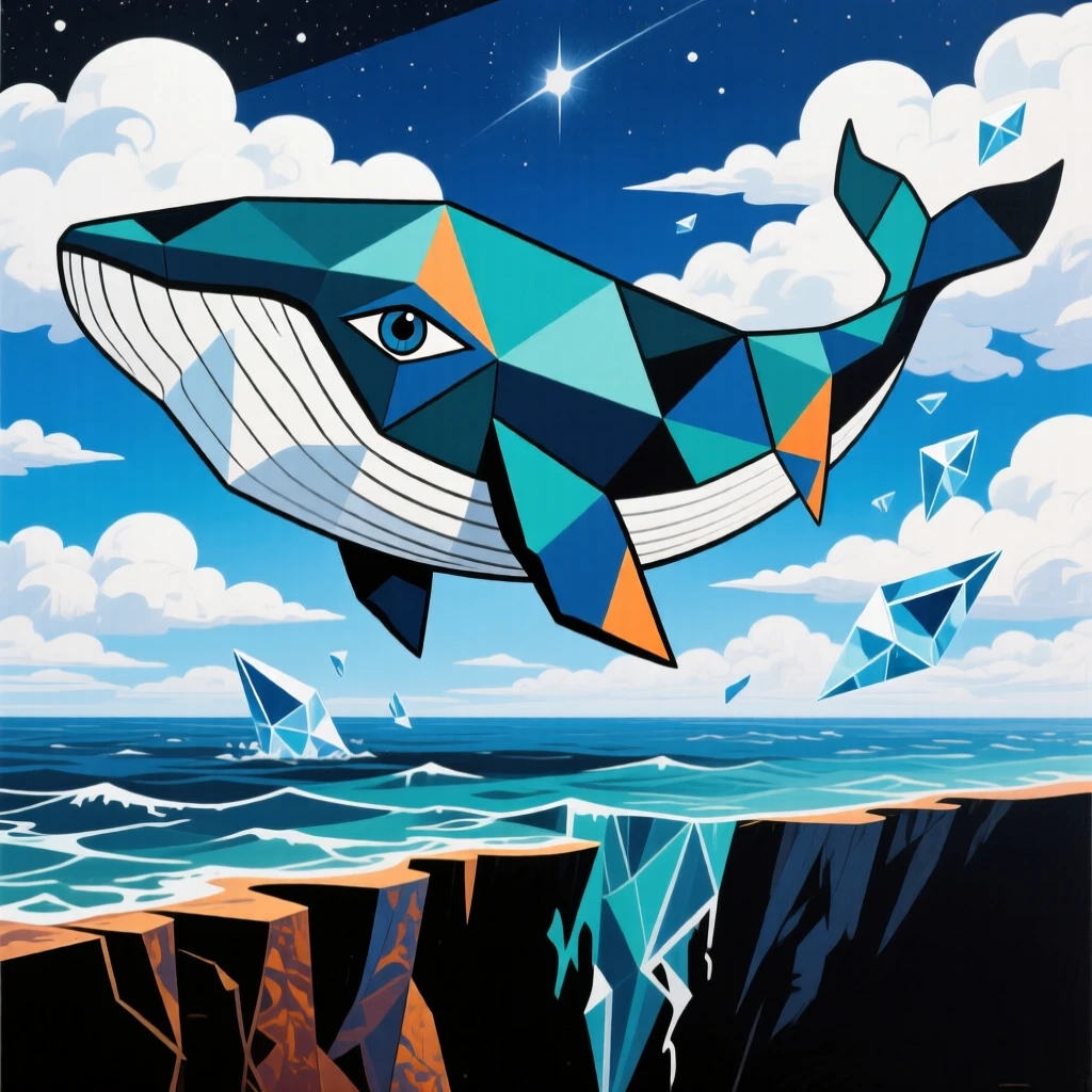 A magical scene of a sky whale drifting through clouds above a sea of clouds at the edge of the world.