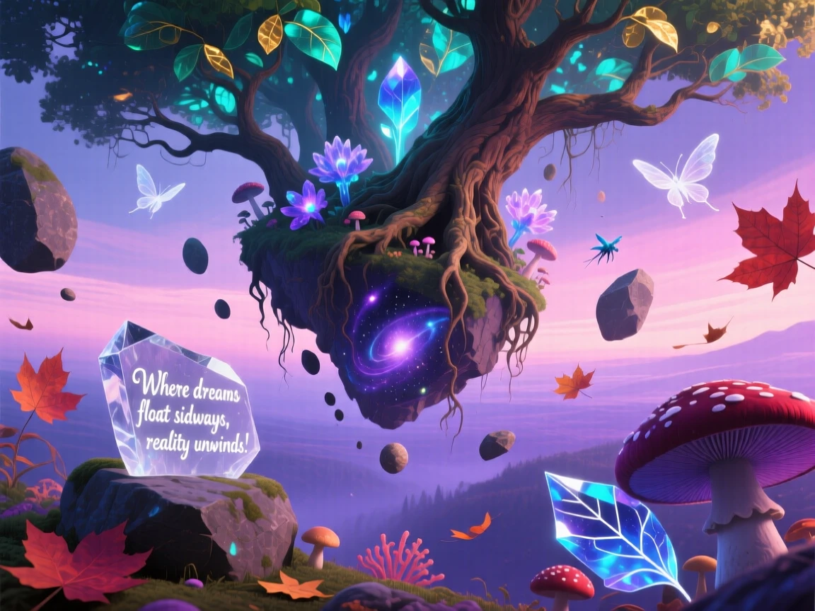 An entire forest suspended sideways in midair drifts slowly across a lavender horizon, as loose stones and leaves hover motionless around it.