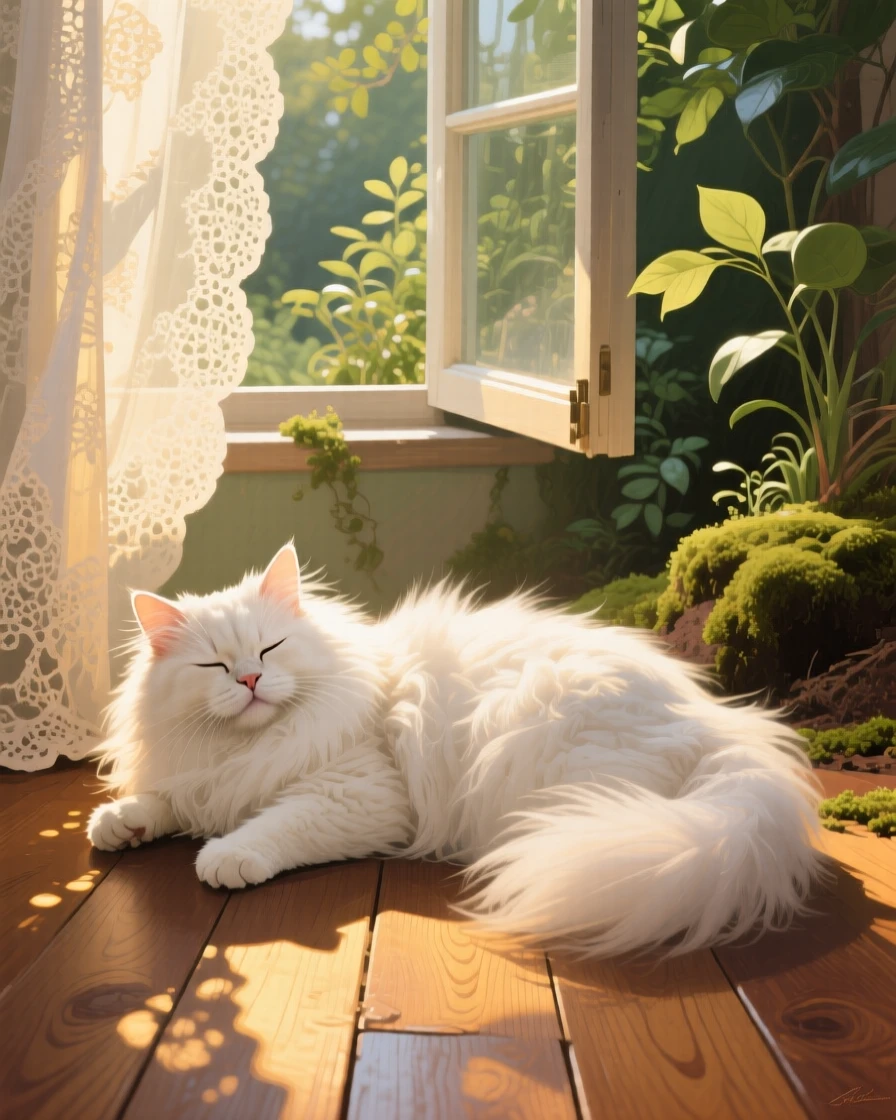 A fluffy white Persian cat naps in a sunbeam on a wooden floor, its long fur catching golden afternoon light streaming through lace curtains, nearby vegetation and terrain grounding the animal firmly within its natural environment.