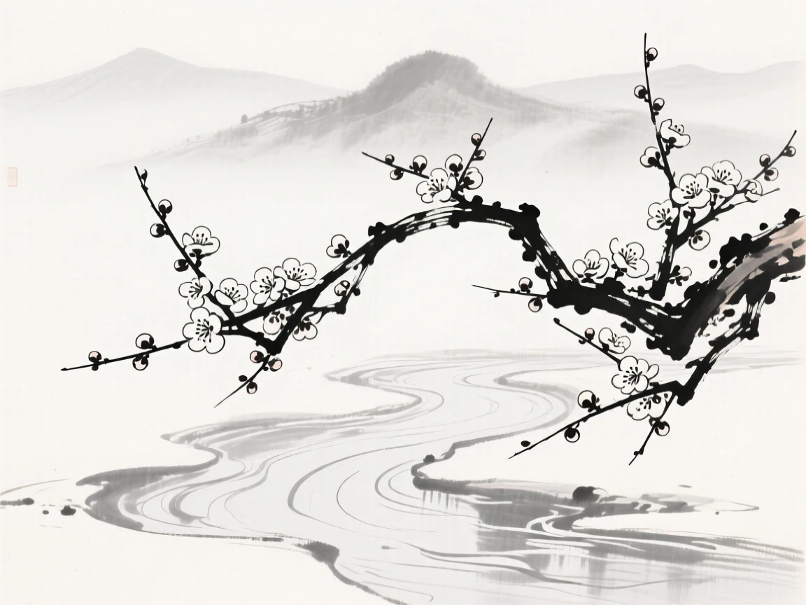 Branches heavy with plum blossoms arch over a frozen stream, with a distant mountain range fading into mist.