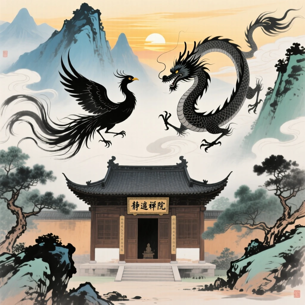A phoenix and dragon circling above a temple bathed in golden light, as the sun sets behind distant peaks.