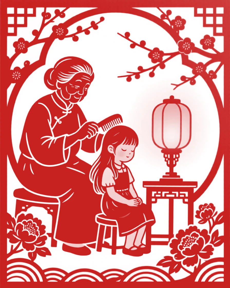 A grandmother combing her granddaughter's hair by lamplight, the little girl holding still with quiet trust