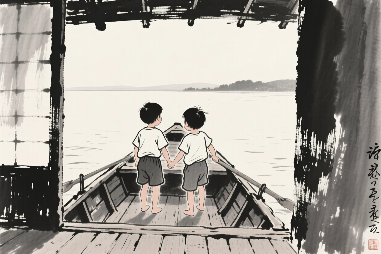 Two children playing together in a quiet courtyard on the deck of a small wooden boat, seen from behind, gazing out toward the horizon, capturing an everyday moment full of gentle humanity.