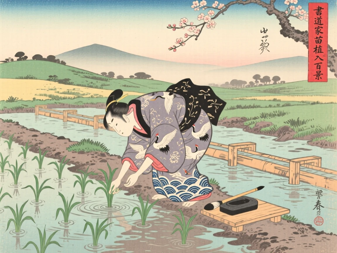A calligrapher planting seedlings in a flooded paddy field.