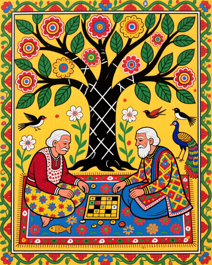 Two old friends playing a quiet game beneath a courtyard tree.