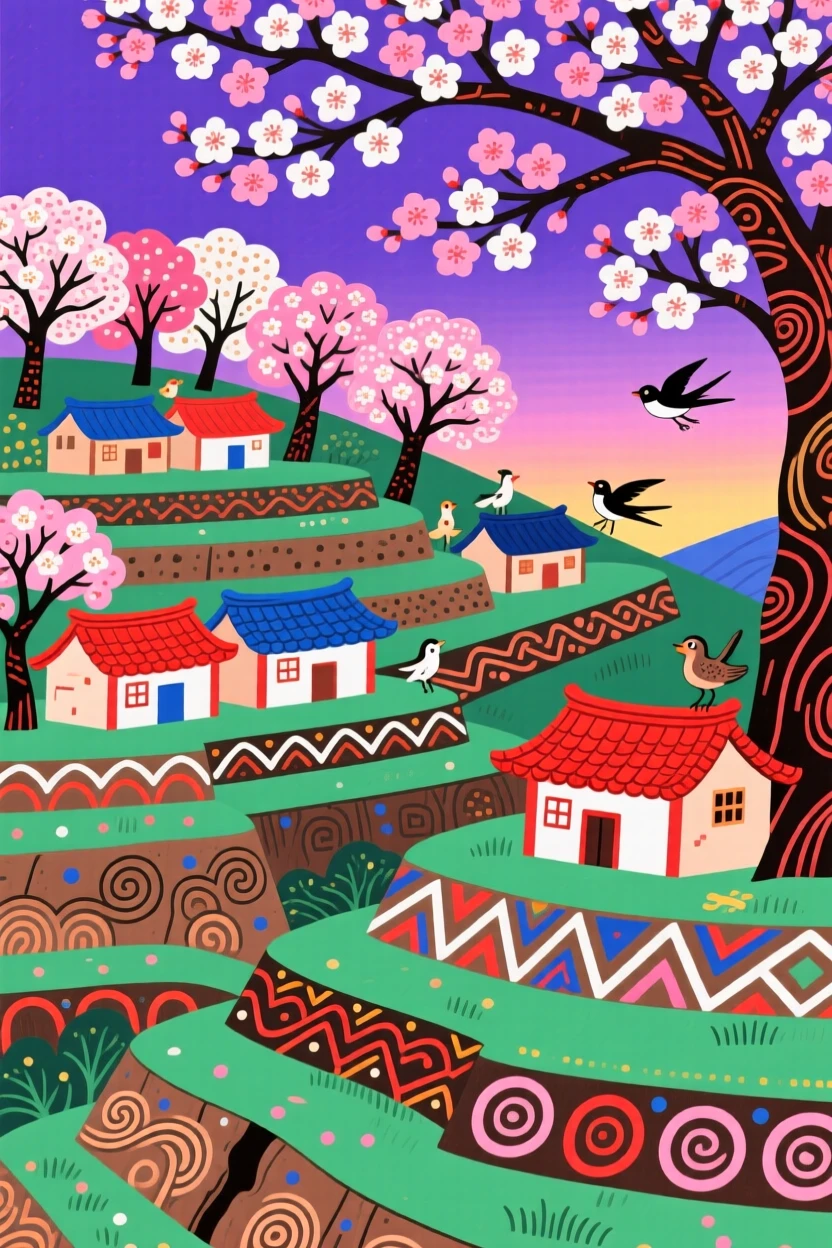 A terraced hillside village at dusk under a canopy of blossoming trees.