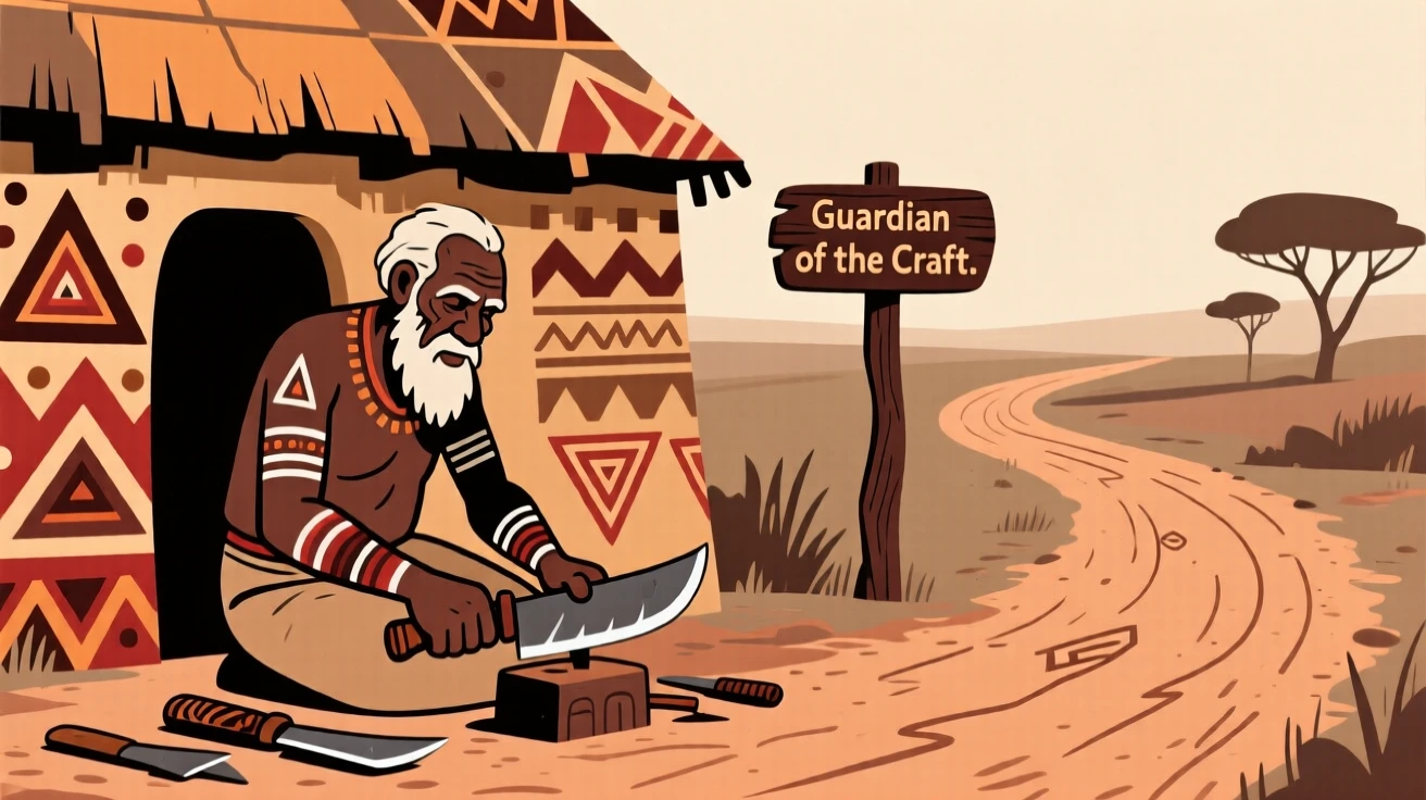 An old man sharpening tools outside his hut along a winding dirt road.
