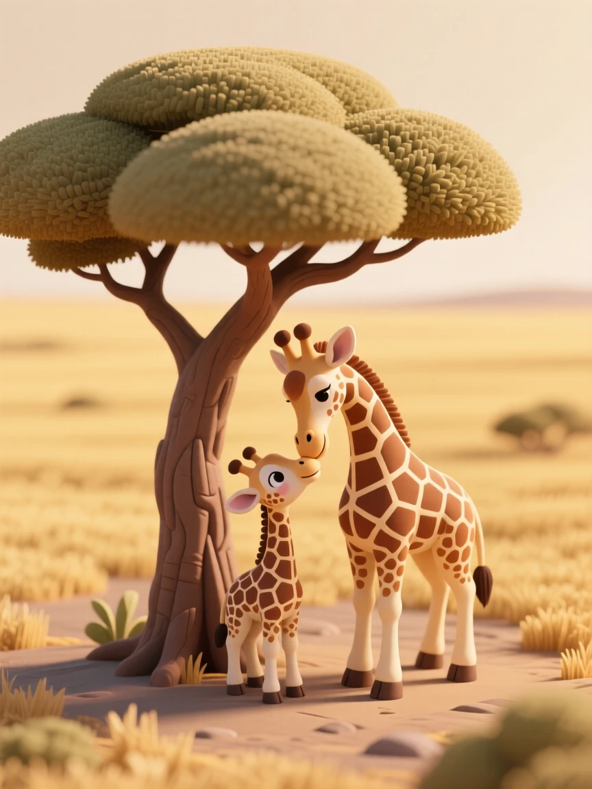 A baby giraffe nuzzling its mother beneath a flat-topped acacia tree, the golden savanna stretching endlessly behind them.