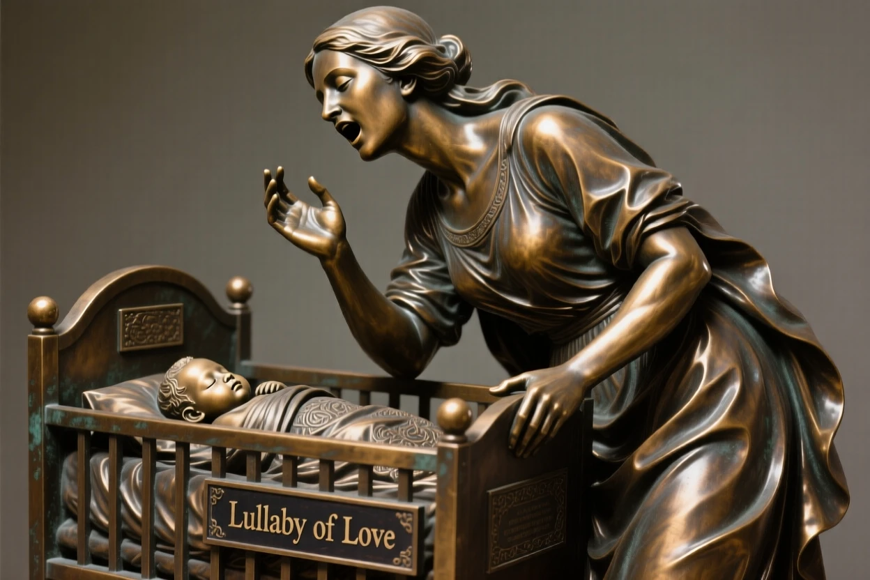 A mother singing a lullaby beside a cradle, with powerful, expressive body language, forming a strong central focal point