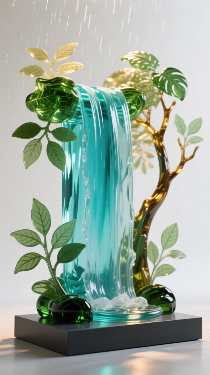 A turquoise waterfall cascading through a rainforest, captured in soft golden light with layers of atmospheric depth, evoking peace and quiet grandeur.