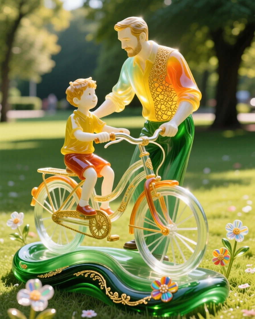 A father teaching his son to ride a bicycle in a sunny park, encouraging and tender.