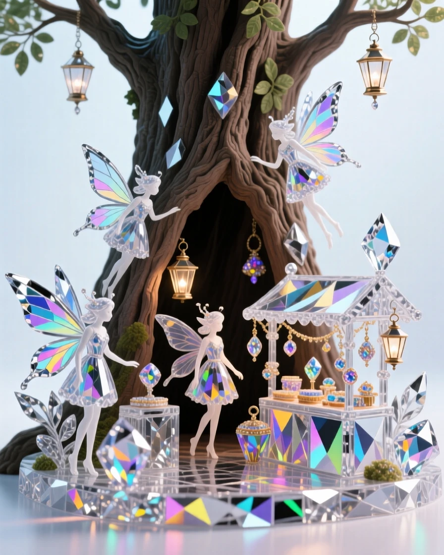 A hidden fairy market built inside a hollowed-out giant tree trunk.