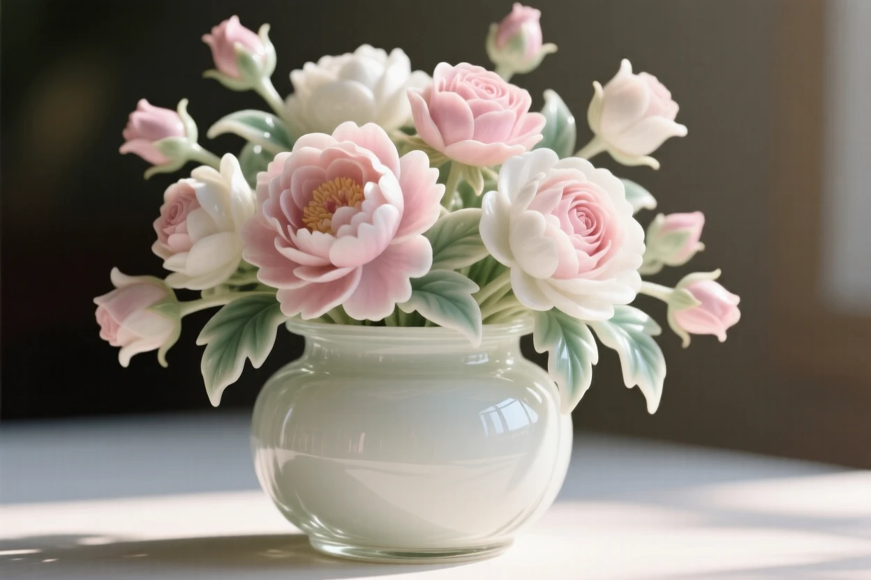 A lush arrangement of peonies and roses in a delicate glass jar, backlit by warm afternoon sun.