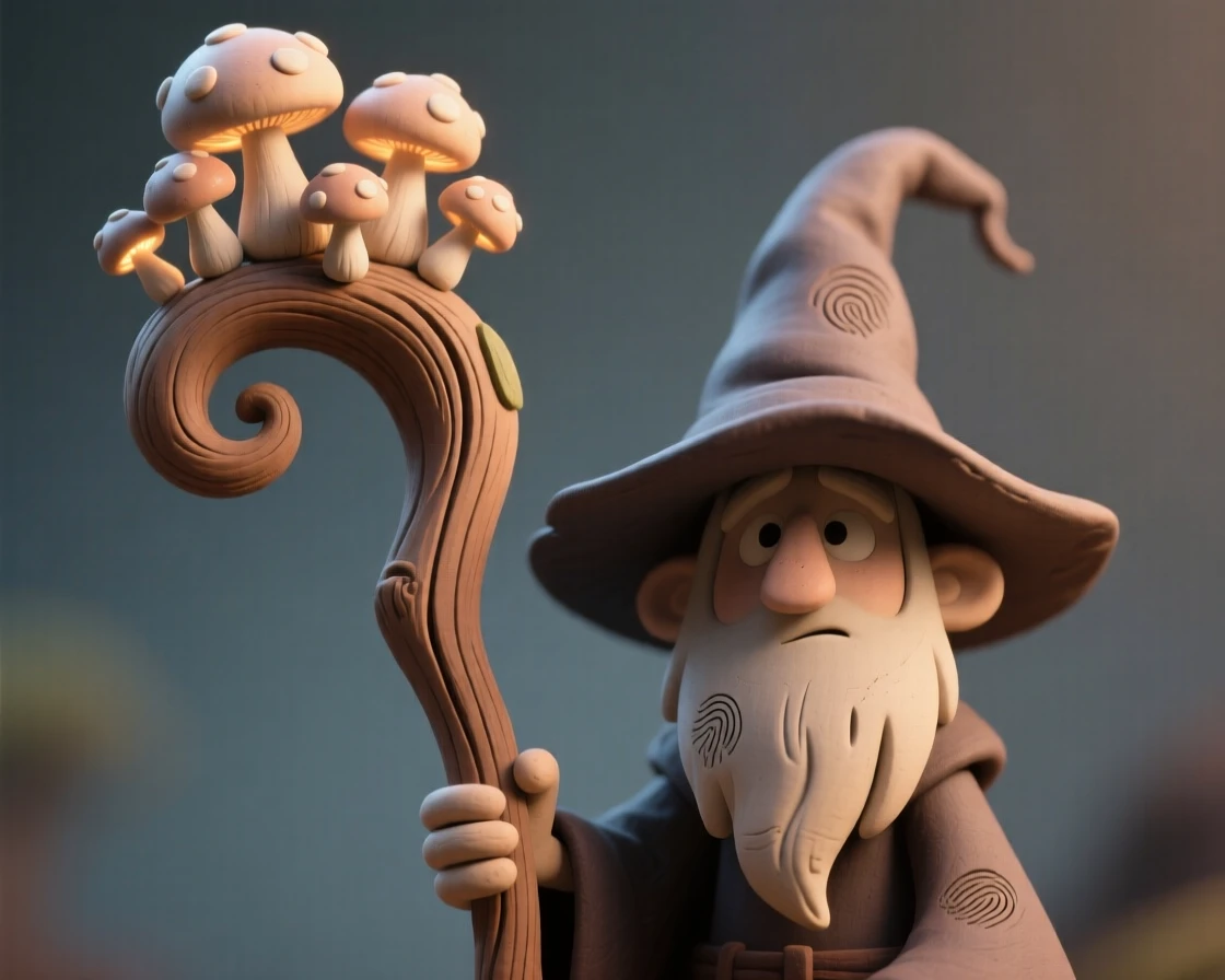 A wandering wizard's staff sprouting tiny glowing mushrooms