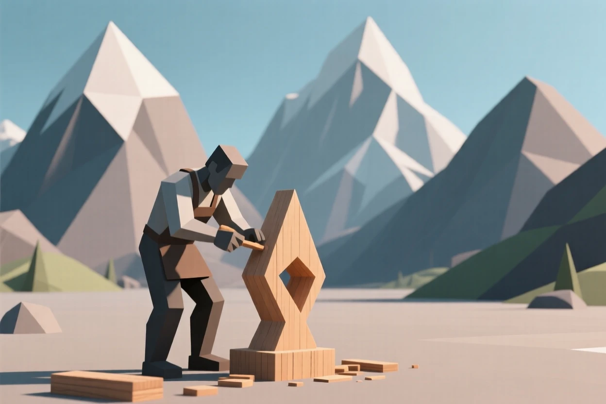 A woodworker carefully carving a wooden sculpture, surrounded by towering mountains. the composition balances subject and open space. The mood feels adventurous and free.