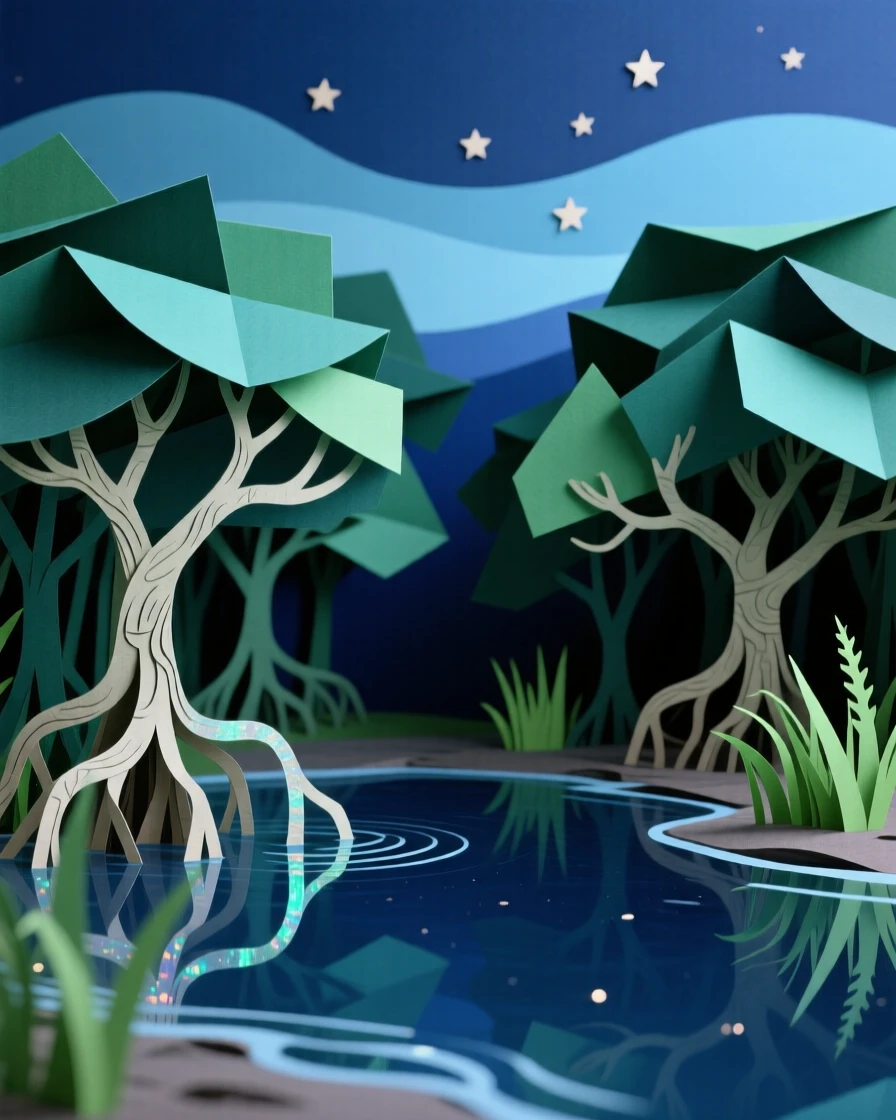 A mangrove forest along a quiet estuary in the deep blue hour after dusk, with reflections shimmering on a glassy pool, capturing raw natural grandeur and scale.