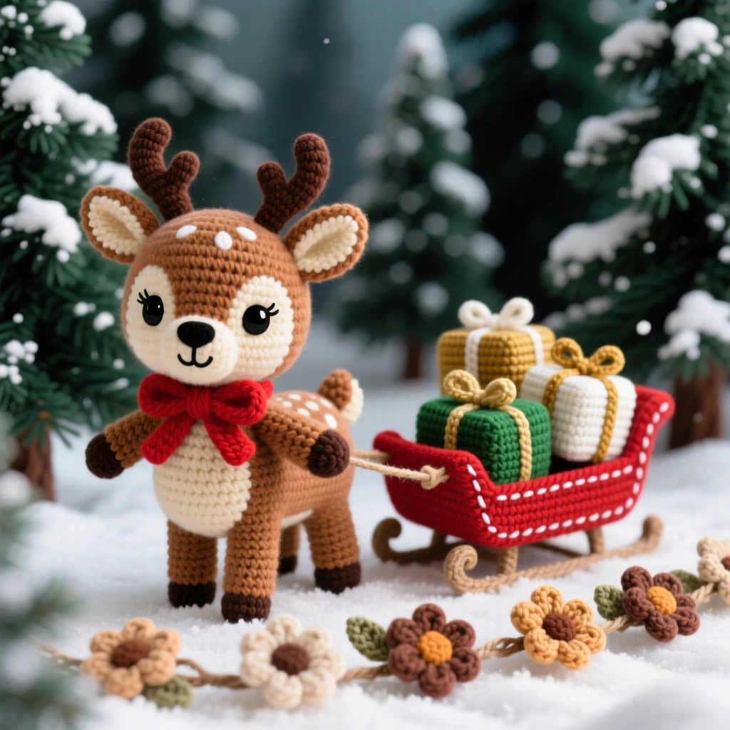a small reindeer fawn, with a red ribbon around its neck, is shown pulling a tiny sleigh loaded with gifts in a frosty pine forest dusted with fresh snow beside a garland of dried flowers, capturing nostalgic, storybook seasonal charm.