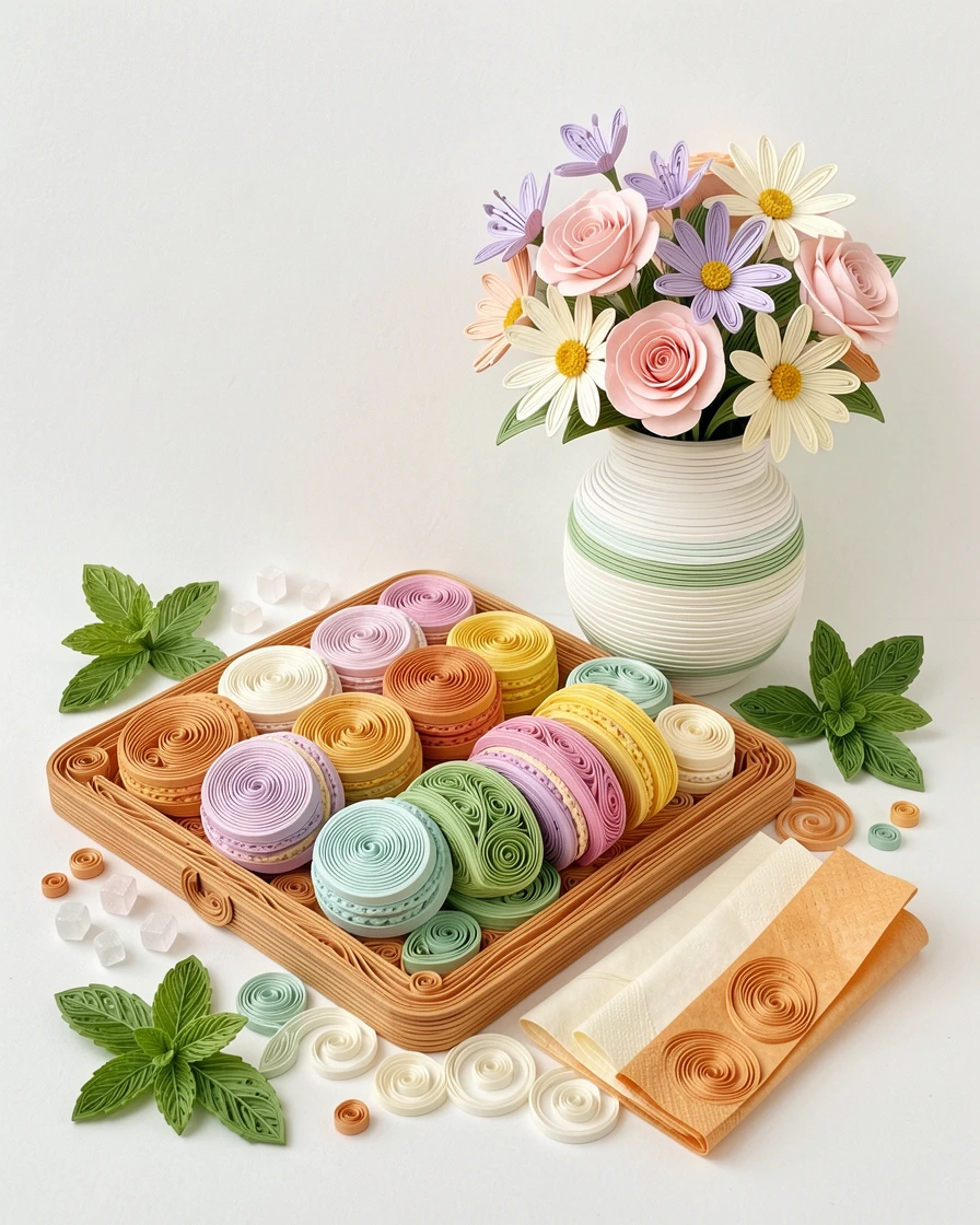 a tray of macarons in a rainbow of pastel colors, on a wooden tray beside a vase of fresh flowers, arranged with complementary props scattered around, in warm, appetizing tones of amber and cream.
