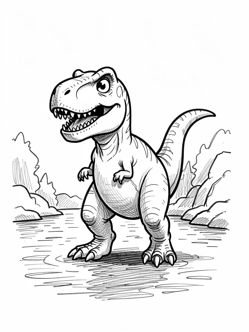 A T-rex with a surprisingly friendly grin beside a lake at dusk.