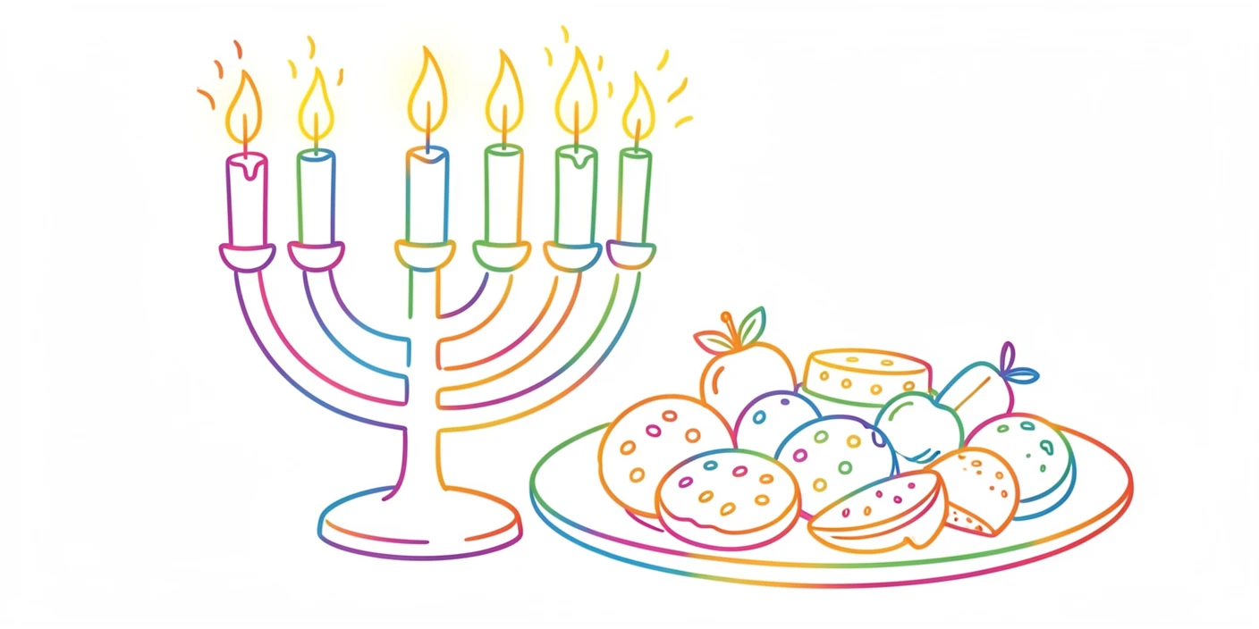 A menorah glowing with candlelight beside a plate of holiday treats.